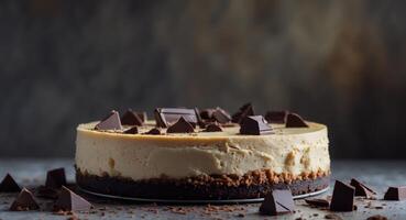 Decadent Chocolate Cheesecake with Dark Chocolate Pieces. photo