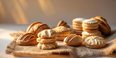 Rustic Biscuits and Pastries Presented on Burlap in Warm Lighting. photo