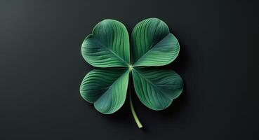 Vibrant Four Leaf Clover A Symbol of Luck and Prosperity Captured on a Solid Black Background photo