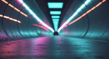 a close up of a tunnel with neon lights on the sides photo