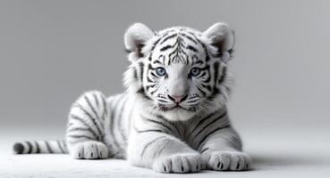 a white tiger cub sits on a white surface. photo