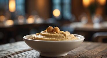 close up hummus in a bowl with chickpea on a dinner table wallpaper restaurant aperitif. photo
