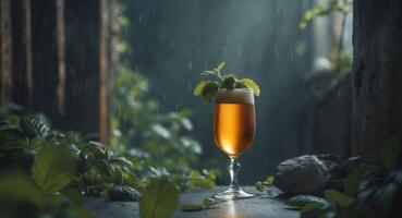 Enjoying a refreshing glass of golden beer with hops and greenery in a dark setting. photo