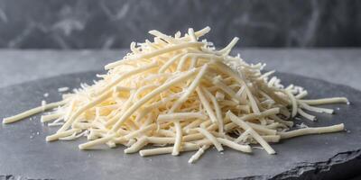 Shredded cheese pile on gray stone background with copy space for text or design. photo