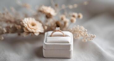 Wedding ring resting on elegant ring box with dried flowers decoration. photo