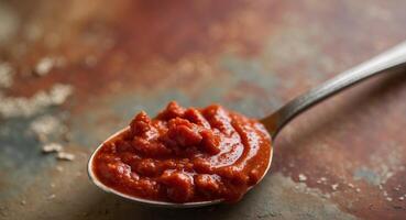 Close Up of Red Sauce in a Spoon on a Rustic Background. photo