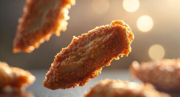 perfect view close up crispy chicken tenders with blur and background cinematic. photo