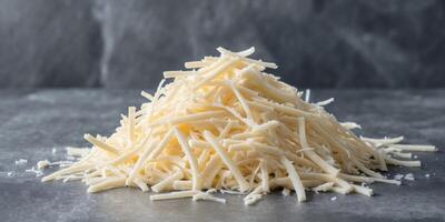 Shredded cheese pile on gray stone background with copy space for text or design photo