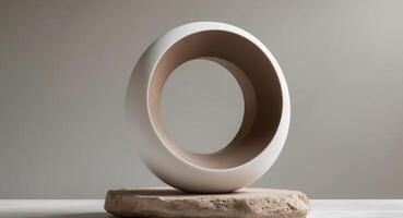 A white and brown sculpture of a circle on top of a stone. photo