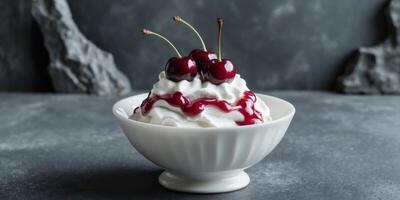 Bowl of whipped cream topped with cherries and raspberry sauce on dark textured background with Copy Space photo