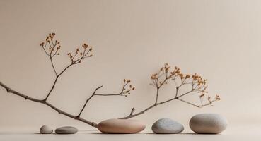 Neutral background with stones branch and natural colors ideal for beauty product branding and packaging Front perspective copy space . Mockup image photo
