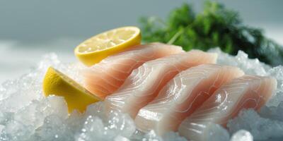 Freshly sliced raw fish fillets on ice with lemon and green herbs in the background Copy Space photo