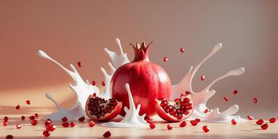 Bright red pomegranate surrounded by splashes of cream and scattered seeds on a vibrant background. photo
