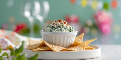 Spinach dip with crispy chips at blurred party setting. photo