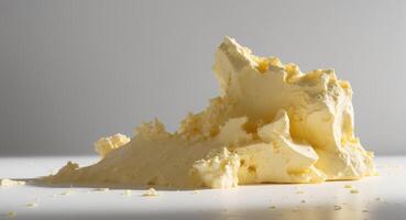 Creamy yellow substance with textured surface and chunks visible in design. photo