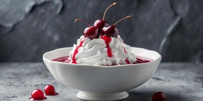 Bowl of whipped cream topped with cherries and raspberry sauce on dark textured background with Copy Space. photo