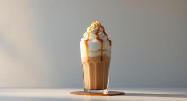 Tall caramel milkshake with whipped cream and caramel drizzle photo