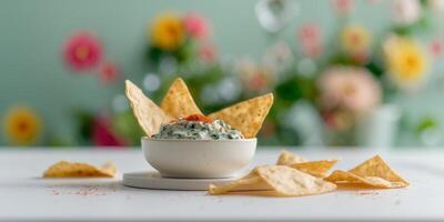 Spinach dip with crispy chips at blurred party setting photo