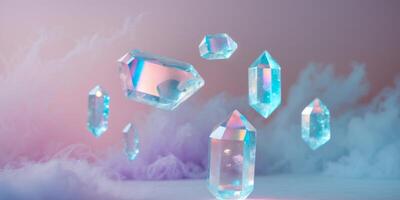 Glowing iridescent aura quartz crystals on colorful misty background photo