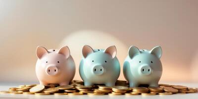Pastel piggy banks on golden coins with warm gradient background photo