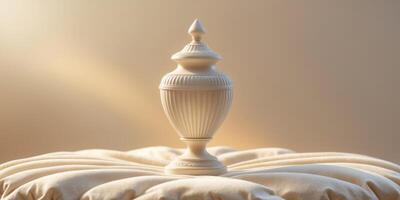 Funeral urn on plush surface with warm background. photo