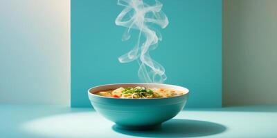 Bowl of vegetable noodle soup on a turquoise background with Copy Space for text. photo