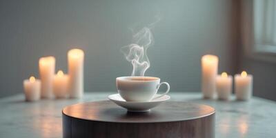 Cup of tea on a table in a spa salon with candles photo