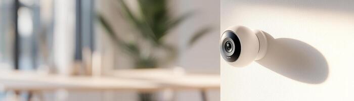 A modern security camera is mounted on a wall, set against a softly blurred office background. Natural light highlights its sleek design, creating a clean and professional atmosphere photo