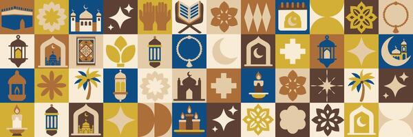 A colorful mosaic of Eid Mubarak, Ramadan symbols and patterns, including a palm tree, a candle, and a star vector