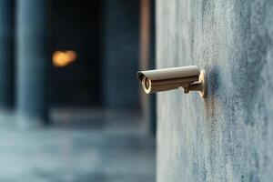 A modern security camera is positioned on the wall, providing surveillance in a softly lit office. The environment reflects a clean and professional atmosphere photo