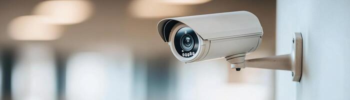 A sleek security camera is mounted on a wall, providing surveillance in an office setting. Soft natural light filters through, enhancing the professional atmosphere photo