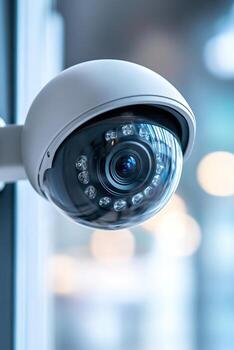 un moderno seguridad cámara es de forma segura montado en un pared en un oficina ajuste. suave natural ligero filtros en, creando un limpiar y profesional atmósfera, asegurando eficaz vigilancia foto