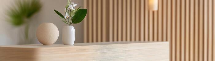 A modern reception desk features bamboo panels, complemented by soft warm lighting and blurred potted plants. This design highlights sustainability, creating an inviting atmosphere for guests photo
