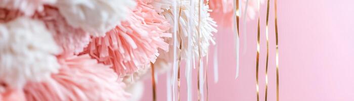 Softly focused pastel pink backdrop adorned with hanging streamers in white, gold, and blush tones, creating a charming space for text and decorations at events photo