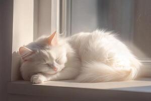 A fluffy white cat peacefully sleeps on a windowsill. Soft natural light highlights its fur, creating a warm, serene atmosphere within the cozy space photo