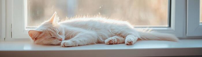 A fluffy cat lies peacefully curled up on a windowsill, basking in warm sunlight. The soft light enhances the serene atmosphere, creating a cozy scene perfect for relaxation photo