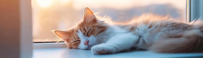 A pet curls contentedly on a windowsill, basking in gentle natural light. The sunlight enhances their fluffy fur, creating a tranquil and dreamy atmosphere perfect for napping photo