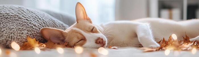 A pet sleeps soundly on a soft surface, surrounded by vibrant autumn leaves and twinkling lights, creating a warm and festive atmosphere at home photo