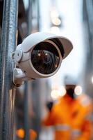 A rugged outdoor camera is securely mounted on scaffolding, capturing safety and security measures in the construction area. Blurred workers and machinery are visible in the background photo