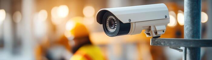 A rugged outdoor camera is mounted on scaffolding, capturing the activity at a construction site while ensuring the safety and security compliance of the working environment photo