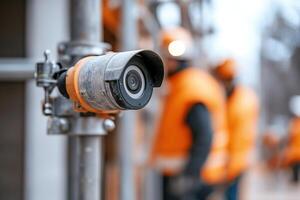 A rugged outdoor camera is securely mounted on scaffolding, capturing construction activity and ensuring safety compliance. Blurred workers and machinery are visible in the background photo