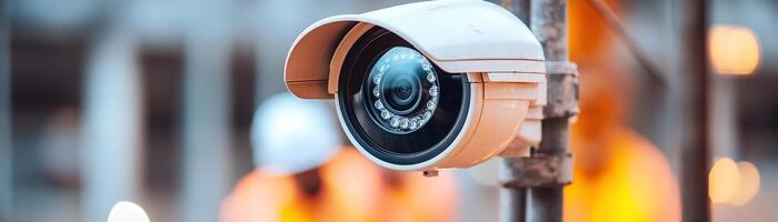 A rugged outdoor camera is securely mounted on scaffolding, capturing a view of construction workers and machinery in a blurred background, ensuring compliance with safety protocols on site photo