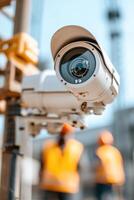 Rugged outdoor camera is mounted on scaffolding, monitoring a construction site. Construction workers in bright vests and machinery are visible in the softly focused background photo