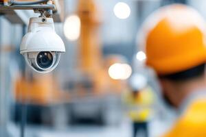 A rugged outdoor camera securely mounted on scaffolding monitors activity at a construction site, enhancing safety and security compliance amidst blurred workers and machinery in operation photo