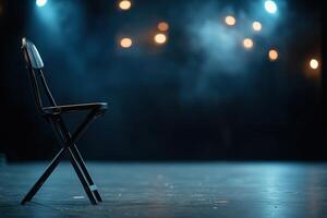 Softly lit and filled with a faint haze, the empty stage showcases scattered chairs and props, hinting at the behind-the-scenes work necessary for an upcoming theater production photo