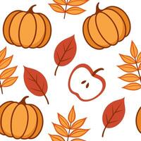 Autumn harvest seamless pattern with crisp apples orange leaves and pumpkins for a warm harvest inspired atmosphere concept as Warm autumn harvest pattern with apples leaves and pu Cleans vector