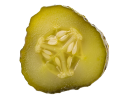 fresh pickled cucumber slice with brine texture and seeds, juicy fermented cucumber cut on isolated background png