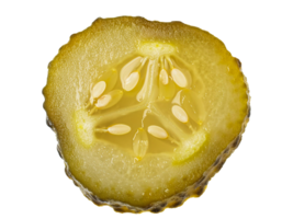 close-up of pickled cucumber slice with seeds and brine, fresh preserved cucumber cut on isolated background png