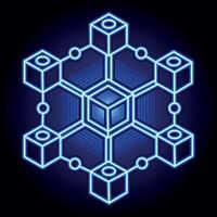 Neon blue blockchain cube network with interconnected nodes, symbolizing digital security and decentralization vector