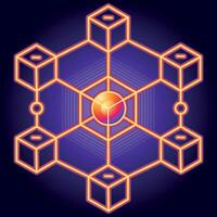 Neon orange blockchain network with a glowing core, symbolizing decentralization and data flow vector